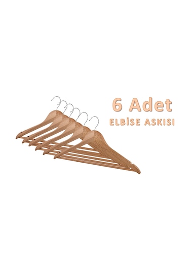 Basic 6lı Ahşap Askı Naturel Elbise Askısı Pantolon Askı