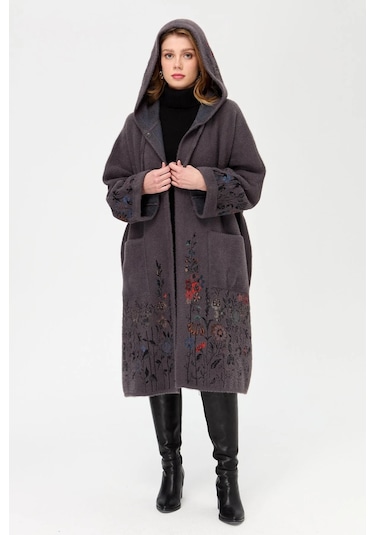 Desen Triko Kadın Triko Kırçiçeği Desenli Afrodit Panço 23065 Antrasit Antrasit