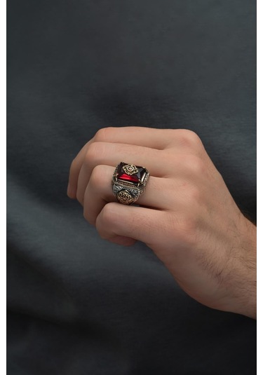 Kırmızı Taşlı Çiçek Motifli 925 Gümüş Erkek Yüzük