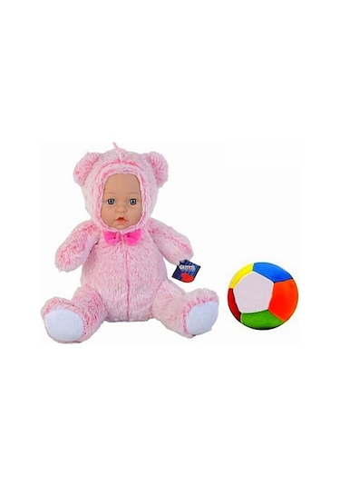 Peluş Bebek Yüzlü Ayı 30 Cm Ve Peluş Top - 2 Ürün 1 Arada Oyuncak Pembe