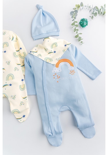 Gökkuşağı Temalı 2'li Uzun Kollu Kız/erkek Bebek Tulum Takım mavi