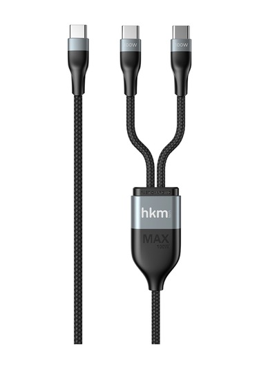 Duo Power 100W Çift Uçlu Type-C To Type-C + Type-C Şarj Kablosu Örgü Tasarım 1.2 Metre Siyah