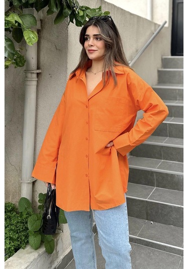 Kadın Turuncu Terikoton Kumaş, Yırtmaçlı, Rahat Uzun Gömlek Turuncu