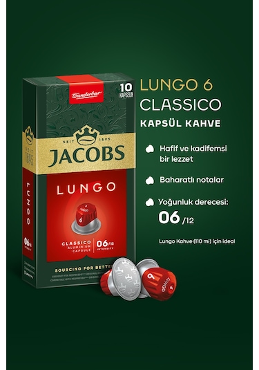 Jacobs Lungo 6 Classic Nespresso Uyumlu Alüminyum Kapsül Kahve 3 Paket x 10 Adet