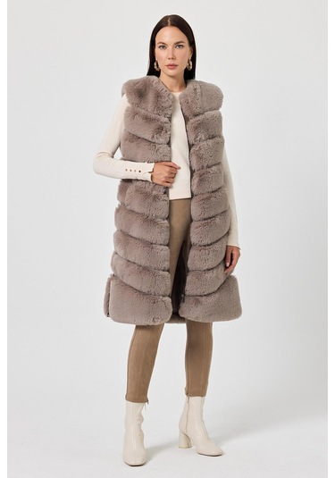 Vittoria Vizon Tüylü Uzun Yelek Siyah