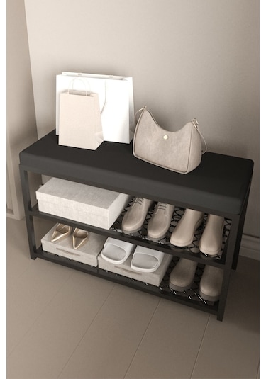 Aju Ayakkabılık Puflu Süngerli Oturaklı Metal Ayakkabı Rafı Modern Vestiyer Baklavalı Metal Tasarım