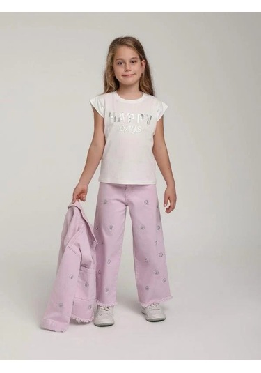 Escabel Kız Çocuk Pamuklu Happy Pul İşlemeli Tshirt-15637 Ekru