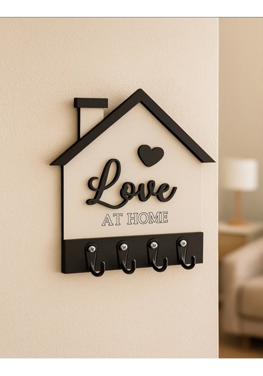Love Yazılı Ev Şekilli Anahtarlık Askılığı, Anahtar Askılığı Siyah - Beyaz