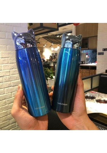 Novahub 300ml Paslanmaz Kedi Kulaklı Seyahat Kupası - Kahve, Çay, Süt - Altın Renk Altın