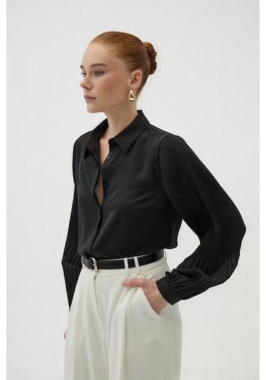 Sateen Plise Kollu Gömlek - Siyah-137085 Siyah