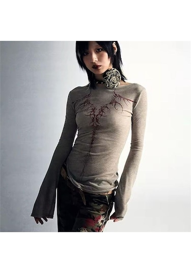 Bej Slayer Horn Kırmızı Sırt Desenli Y2k Uzun Kollu Bluz-17289 Bej