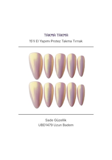 15'li Ten Rengi Uzun Badem Ubd1479 Tekrar Kullanılabilir El Yapımı Protez Takma Tırnak M