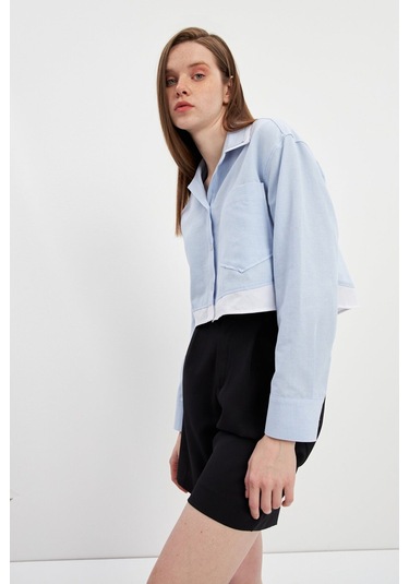 Stella Pulvis Mavi Garnili Tek Cep Crop Oxford Gömlek Mavi