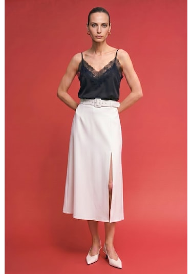 Sateen Kemerli Yırtmaç Detaylı Kloş Etek - Ekru-137417