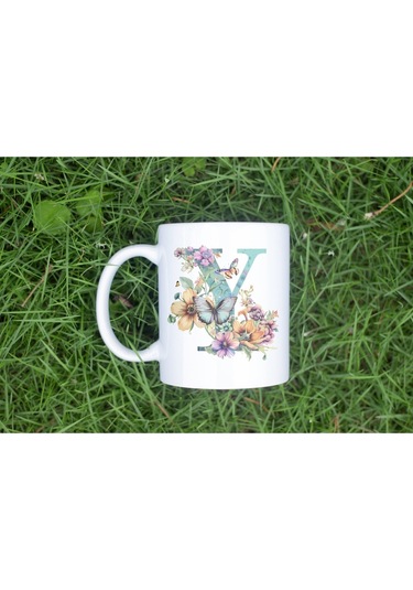Y Harfi Çiçekli Kupa Bardak - Soft Renk Çiçek Ve Kelebek Desenli Zarif Kahve Kupası - Bohem Beyaz