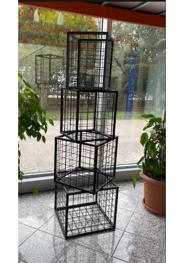 Metal Tel Kasa Sepet - 4'lü Set - Dekoratif, Taşınabilir Ürün Kasası, Sele Sepet 30-35-40-45 Cm H:40 Cm Siyah