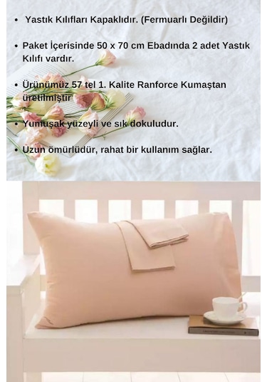 Bej Renkli Pamuklu Ranforce Kumaştan Yastık Kılıfı 2 Adet