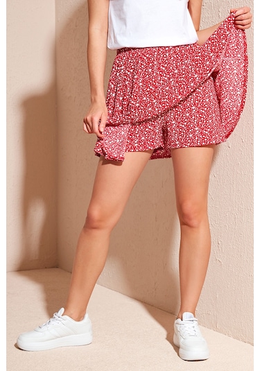 Lela Beli Lastikli Mini Şort Bayan Etek 5864024 Kırmızı-Beyaz