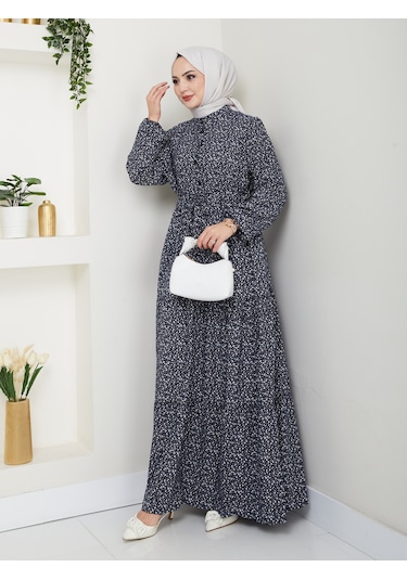 Düğme Detaylı Çiçekli Viskon Elbise - Lacivert / E0123 Lacivert