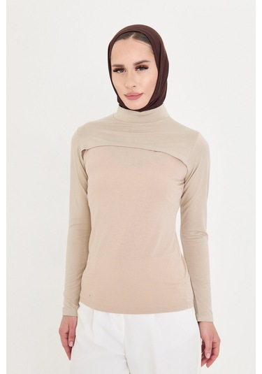 Bej Tesettür Balıkçı Yaka Boyunluklu Kolluk Viskon Düz 1025 12 Bej