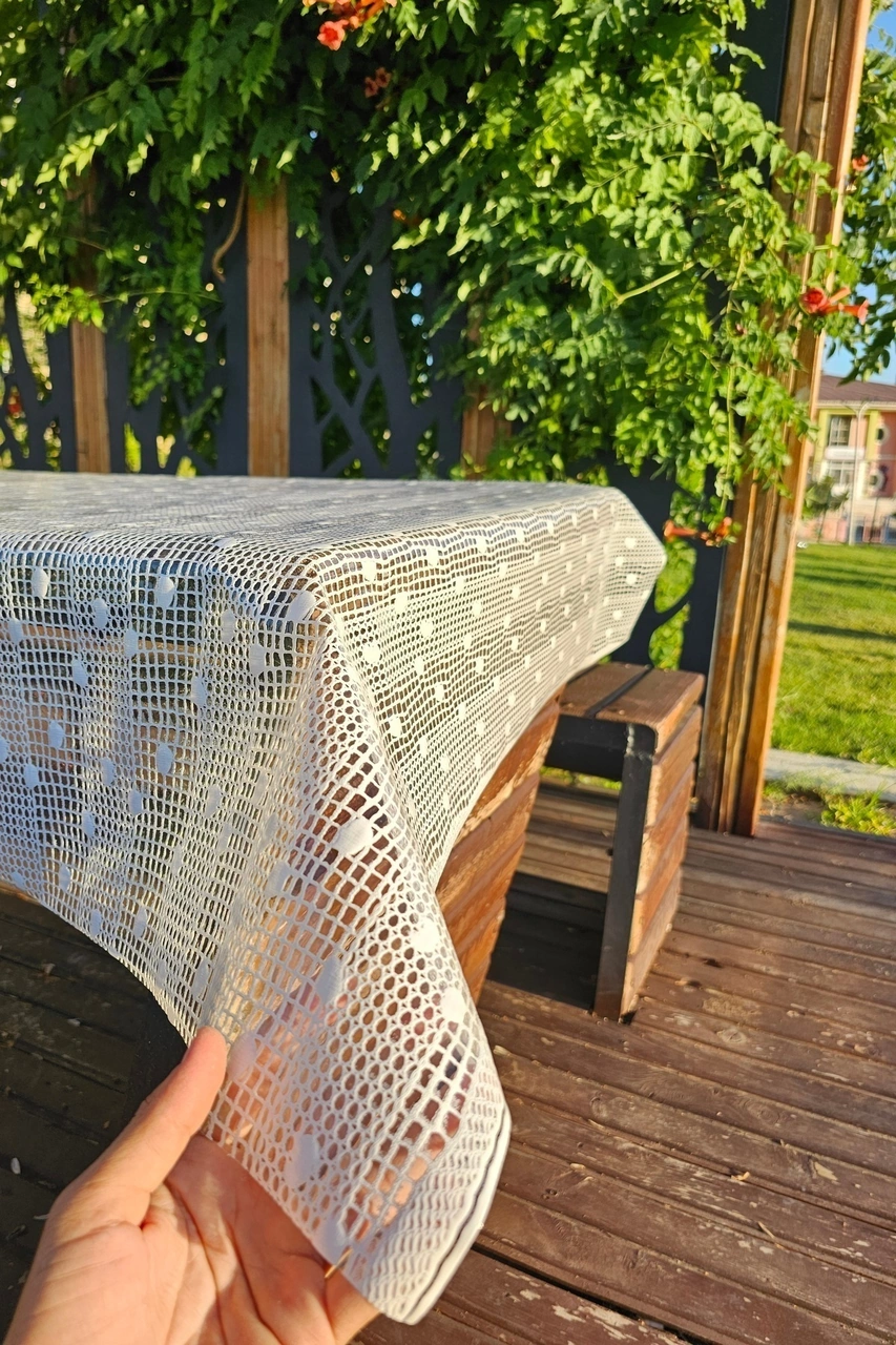 Rona Home Hasır Lüx Pvc Kaplamalı Silinebilir Şeffaf Masa Örtüsü Pvc Su Geçirmez Lüks Muşamba Sofra Bezi Krem