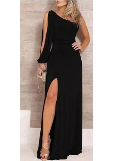 Tek Omuz Açık Derin Yırtmaçlı Krep Tam Boy Elbise Bediva 001