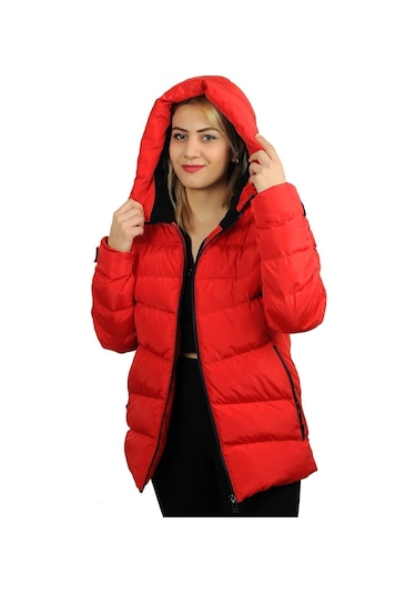 Freemen Kadın Kırmızı Kapüşonlu Polarlı Kürklü Su Geçirmez Rüzgara Dayanıklı Şişme Mont Kırmızı