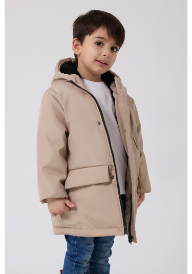 Erkek Çocuk Kürklü Su Ve Rüzgar Geçirmez Kapüşonlu 3 Kışlık Mont & Kaban & Parka Taş