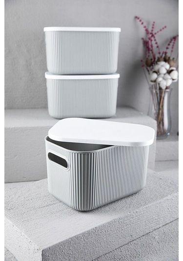 Bayev 3 Adet Storage 6lt Gri Düzenleyici Saklama Kutusu Oyuncak Hobi Kapaklı Dekoratif Kutu Çok Renkli