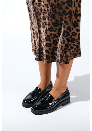 Pline Siyah Rugan Hakiki Deri Kadın Loafer Ayakkabı Siyah Rugan