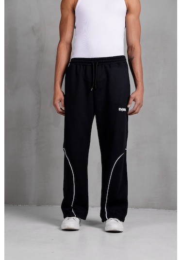 Dark Moda Erkek Oval Şeritli Baskılı Yazlık Baggy Eşofman Siyah