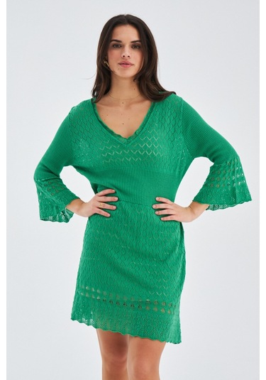 Peraluna YOHO DRESS Ajurlu V Yaka Diz Hizası Yazlık Kadın Triko E