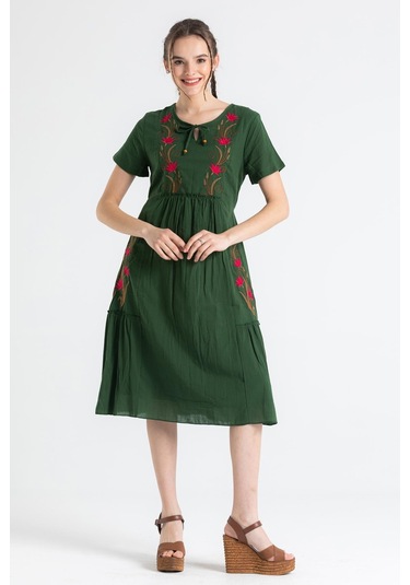 Kısa Kol Şile Bezi Lalezar Nakışlı Midi Boy Elbise Yeşil