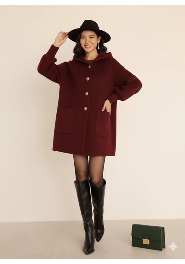 Kadın Oversize Bol Kesim Diz Üstü Siyah Kaban Büyük Cepli Yünlü Kumaş Kapüşon Detaylı Bordo