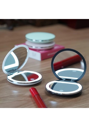 Brightnova Taşınabilir Led Seyahat Makyaj Aynası Green5x Çift Taraflı Katlanır 2x 5x Büyütmeli Cep Çanta Boy Ahşap