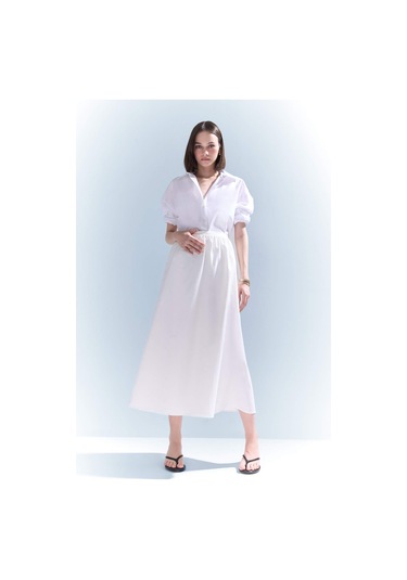 DeFacto A Kesim Normal Bel Yarım Astar Poplin Midi Etek E8700AX25SPWT32 Beyaz