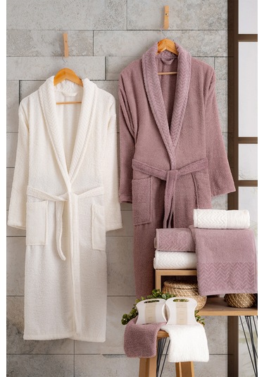 Oznhome Krem-pudra Çift Kişilik 6 Parça Bornoz Seti Krem - Pudra