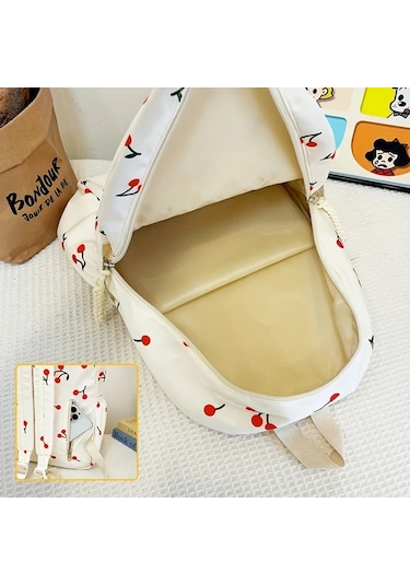 Maxaccess 3 Parça Kiraz Desenli Sırt Çantası + El Çantası + Kalem Kutusu Krem Beyaz