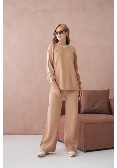 Kadın Dik Yaka Kazak Pantolon İkili Triko Takım Açık Camel