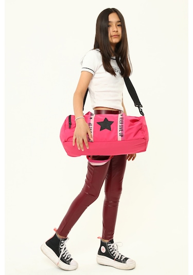 Kız Çocuk Yıldız Baskılı Spor Çanta, Yan Cepli Spor Çanta, Pembe Fuşya
