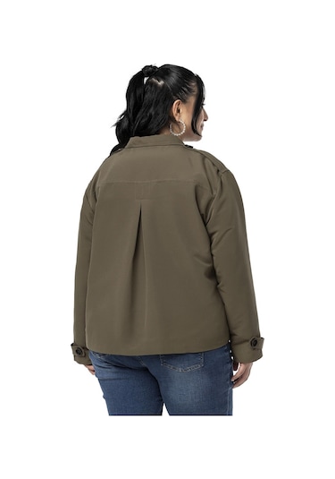 Büyük Beden Dik Yaka Kapaklı Torba Cepli Astarlı Kısa Haki Trençkot Haki