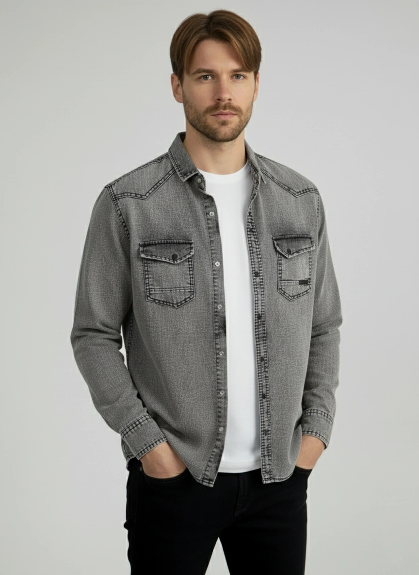 Erkek Gömlek Slim Fit Yıklamalı Kot Gömlek Gri