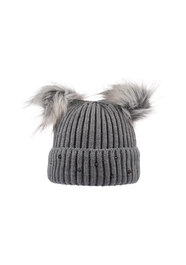 Suyutti 23420-01 Çift Pon Ponlu Taşlı Kadın Bere Gri