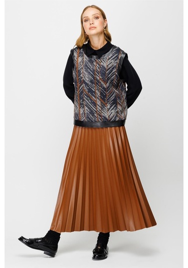 Pilisoley Deri Etekli Tunik Süeter Üçlü Takım Taba