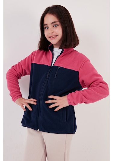 Lela Yumuşak Dokulu Fermuarlı Renk Bloklu Dik Yaka Cepli 2'Li Paket Hırka Çocuk Polar 5905001S2 Fuşya Lacivert-Somon Gri