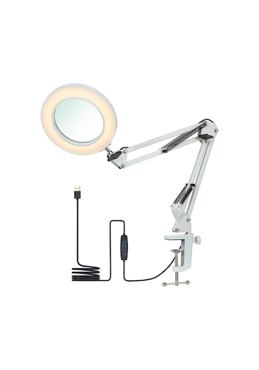 Neoglint Beyaz 8x Büyüteçli Neoglint Esnek Kelepçeli Masa Lambası