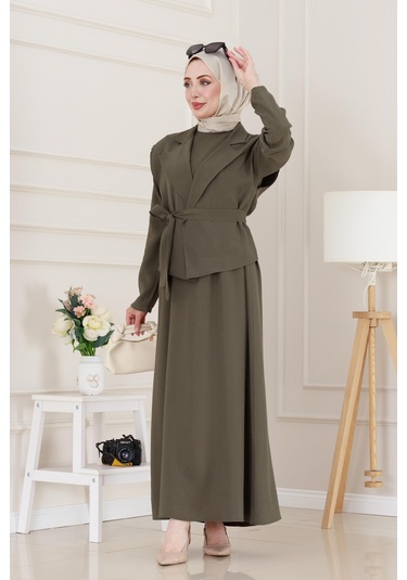 Tensel Yelekli Asel Elbise-haki-5046 Haki