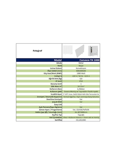 Kuas Conveco 1000 W Dijital Konvektör Panel Isıtıcı Beyaz