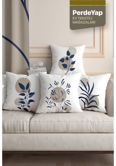 Beyaz Zemin Lacivert Kır Çiçekleri Desenli 4lü Kırlent Kılıfı