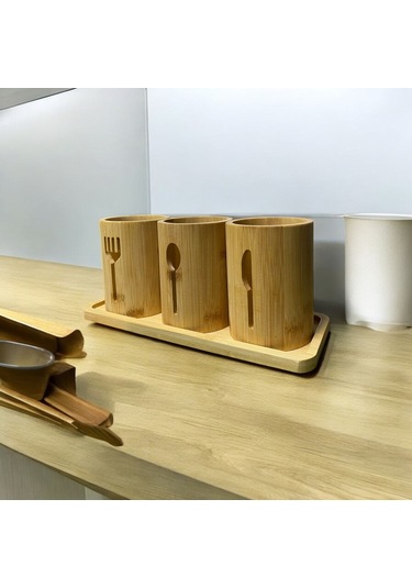 Bambu Altlıklı 3'lü Çatal Kaşık Bıçak Düzenleyici Set 4 Parça Bambu